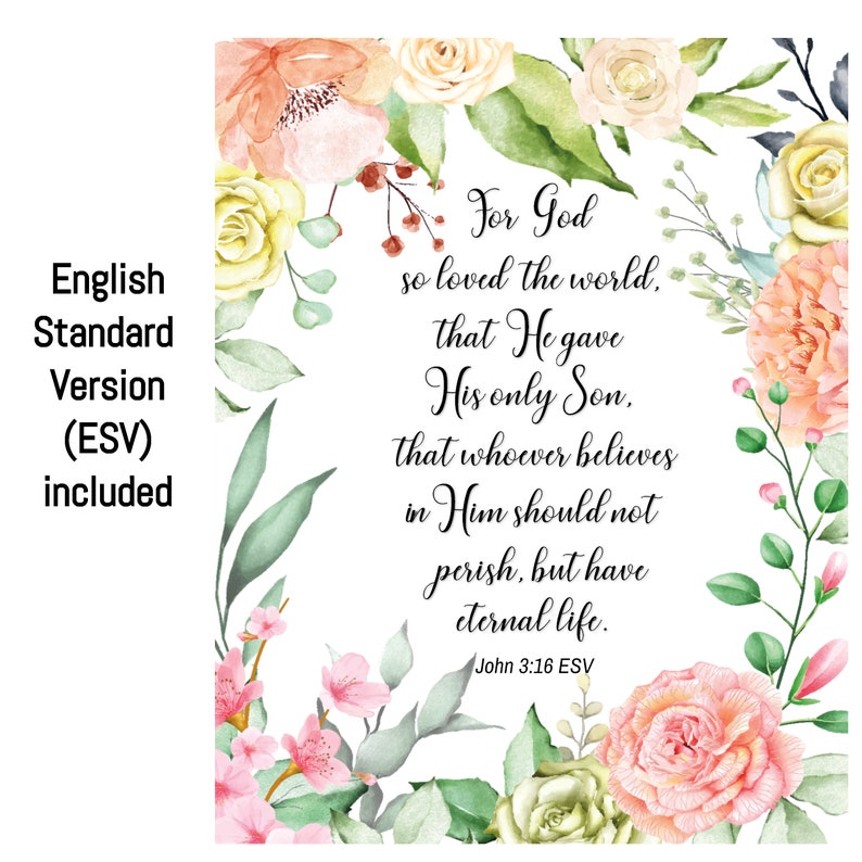 Christian Floral Pink & Green Watercolor Wall Art Poster or Canvas John 3:16 For God So Loved The World Beloved Bible Verse, KJV and ESV image 2