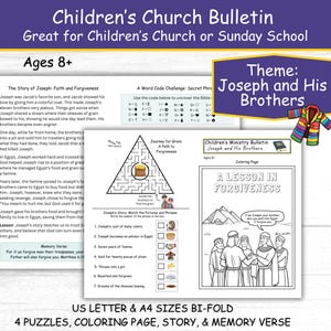 Boletín de la Iglesia para Niños: Historia bíblica de José y sus hermanos, actividades de la escuela dominical, educación en el hogar, PDF plegable y tamaño carta A4 de EE. UU., para niños de 8 años