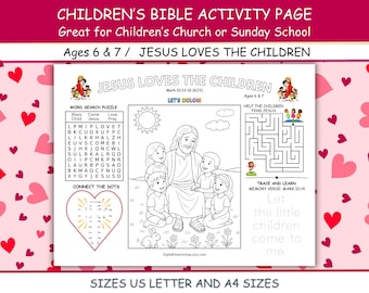 Jesus Loves the Children Bible Activity Sheet Page, Sunday School Home School Children’s Church Lesson Supplement, US Letter & A4, Ages 6+7