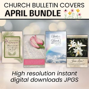 Könnte beinhalten: Ein Bundle von vier Kirchenzettel-Covern für April. Jedes Cover zeigt religiöse Bilder, darunter eine Rose, ein offenes Buch, ein Regenbogen und weiße Lilien. Der Text enthält "Palm Sunday", "Suchet, so werdet ihr finden" und "Jesus lebt!"