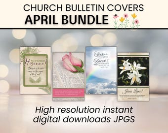April Church Bulletin Cover Art Bundle, General & Spring Designs, Easter Resurrection Day, Holy Days, Palm Sunday, 11x8.5 Bi-fold, Set of 4