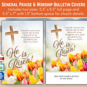 Peut inclure: Couvertures de bulletin avec une croix en bois, un arrangement floral et le texte "He is Risen!" en écriture élégante. Comprend le verset biblique Jean 11:25 (KJV). Disponibles en deux tailles : 14 cm x 22 cm et 14 cm x 18 cm.
