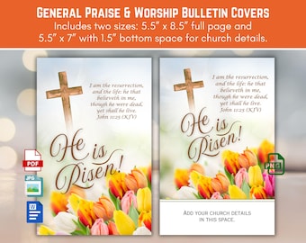 Omslagsbild till kyrkobulletinen "Han är uppstånden" på påskdagen, uppståndelsedagen, heliga dagar, vårblommor, 11x8,5 dubbelvikt, digital nedladdning