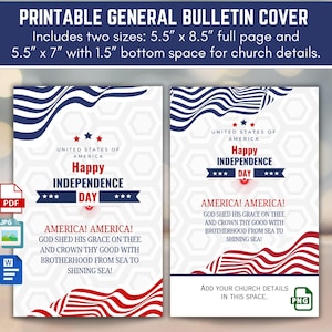 Puede incluir: Cubiertas de boletines imprimibles del Día de la Independencia en dos tamaños: 14 cm x 21,6 cm y 14 cm x 17,8 cm. Los diseños presentan elementos rojos, blancos y azules, incluyendo banderas ondeantes, estrellas y el texto "Happy Independence Day" y "America! America!".