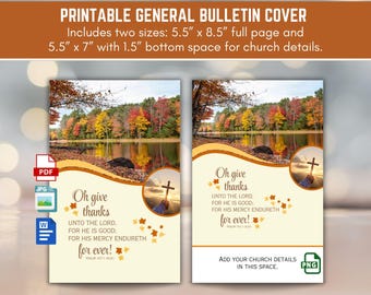 Printable Fall or Thanksgiving Theme Church Bulletin Cover, Verse Psalm 107:1 Oh Give Thanks Unto the Lord, Digital Download, 8.5x11 Bi-Fold