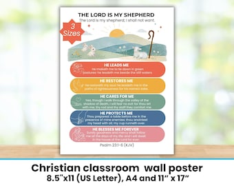 Psaume 23 : L’Éternel est mon berger, affiche pour l’école biblique de vacances et l’école du dimanche, art mural biblique chrétien pour enfants, décoration imprimable pour l’école à la maison et la salle de classe à l’église