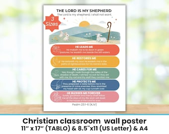 Psalm 23 The Lord Is My Shepherd, VBS & Sunday School Poster, Kids Christian Bible Wall Art, Homeschool and Church Classroom Decor Printable