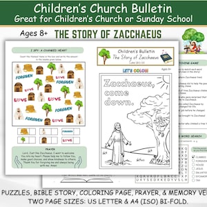 Boletín de la Iglesia Cristiana para Niños Presenta la Historia Bíblica de Zaqueo Lección de la Escuela Dominical Actividad Imprimible en Formato PDF Doble Cara Tamaño Carta EE. UU. y A4 Edad 8