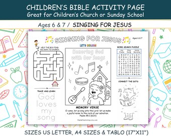 Puede incluir: Una página de actividades infantiles en blanco y negro con el texto "CHILDREN'S BIBLE ACTIVITY PAGE" y "SINGING FOR JESUS". La página incluye un laberinto, una búsqueda de palabras, conecta los puntos y secciones para colorear. La página mide 43 cm x 28 cm.