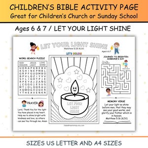 Op de afbeelding: Kinderbijbelactiviteitenpagina voor kinderen van 6 en 7 jaar, met een woordzoeker, doolhof, kleurplaat en geheugenvers. Het thema is "Laat je licht schijnen" met een kaarsafbeelding. Beschikbaar in US Letter- en A4-formaten.