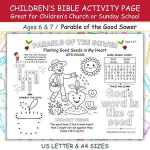 Page d'activités bibliques/napperon, Parabole du bon semeur Église pour enfants, École du dimanche de travaux manuels ou école à domicile, Lettre US et A4, 6 et 7 ans