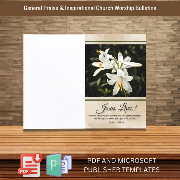 Worship Church Bulletin Cover for Easter, Jesus Lives, Resurrection Day, Easter Lily, Holy Day Services, 11x8.5 Bi-folded, Digital Download