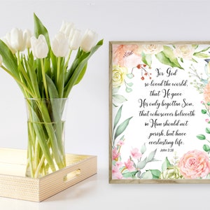 Christian Floral Pink & Green Watercolor Wall Art Poster or Canvas John 3:16 For God So Loved The World Beloved Bible Verse, KJV and ESV image 7