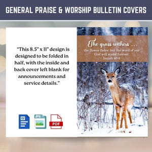 May include: Bulletin cover design with a winter scene featuring a deer in a snowy forest. The cover includes the text "The grass withers..." and "Isaiah 40:8". The design is 8.5" x 11" and is designed to be folded in half.