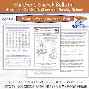 Boletín de la Iglesia para Niños Tema: El milagro de los panes y los peces Escuela Dominical Iglesia o Escuela en el Hogar, Actividad PDF Plegable Carta EE. UU. / A4, Edad 8+