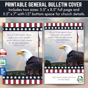 Könnte beinhalten: Druckbare Bulletin-Titelseite mit einem Weißkopfseeadler, einer amerikanischen Flagge und einem Regenbogen. Enthält Text aus Psalm 33:12 (KJV) und Platz für Kirchendetails. Erhältlich in zwei Größen: 14 cm x 22 cm und 14 cm x 18 cm.