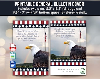 Patriotic Church Bulletin Cover Blessed in the Nation Psalm 33:12 July 4 Independence Day Program Cover Art, Bi-Fold 11x8.5 Digital Download