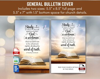 Printable Church Worship Bulletin Cover, 2 Timothy 2:15 KJV Scripture, Study to Shew Thyself Approved. 8.5x11 Bi-Fold, Instant Download