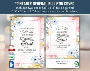 Floral General Church Bulletin Art Cover, KJV Philippians 4:13, I Can Do All Things Through Christ, 8.5x11 Bi-Fold, Instant Digital Download