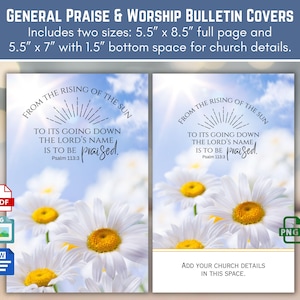 Könnte beinhalten: Bulletin-Cover mit einem Blumendesign mit weißen Gänseblümchen und blauem Himmel. Der Text lautet: „Vom Aufgang der Sonne bis zu ihrem Niedergang sei der Name des Herrn gelobt.“ Enthält zwei Größen: 14 cm x 22 cm und 14 cm x 18 cm.