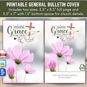 Könnte beinhalten: Druckbare Bulletin-Cover-Design mit dem Text "Amazing Grace, How Sweet the Sound", einem Kreuz und rosa Kosmosblumen. Enthält zwei Größen: 14 cm x 21,6 cm und 14 cm x 17,8 cm mit Platz für Kirchendetails.