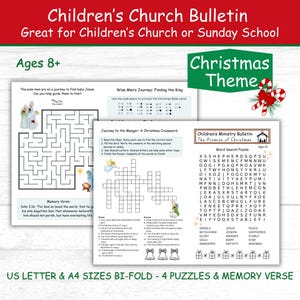 Puede incluir: Un boletín de la iglesia para niños con temática navideña con rompecabezas y un versículo de memoria. El boletín incluye un laberinto, un crucigrama, una búsqueda de palabras y un versículo bíblico. El texto dice "Children's Church Bulletin" y "Christmas Theme."