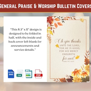 Könnte beinhalten: Ein Design für eine Bulletin-Titelseite mit dem Text "General Praise & Worship Bulletin Covers". Das Design ist 21,6 cm x 28 cm groß und zeigt Herbstlaub und den Schriftzug "Oh give thanks unto the Lord, for He is good". Enthält Dateityp-Symbole.