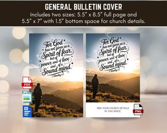 Printable Christian Church Bulletin Cover Art, Event Program, God Has Not Given Us a Spirit of Fear, Mountain Sunrise Design, KJV Scripture