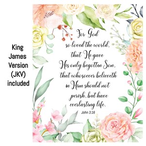 Christian Floral Pink & Green Watercolor Wall Art Poster or Canvas John 3:16 For God So Loved The World Beloved Bible Verse, KJV and ESV image 3