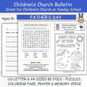 Boletín del Día del Padre para niños de la iglesia, para la escuela dominical y la educación en casa. Actividades, rompecabezas y juegos para papá. PDF plegable en tamaño carta (EE. UU.) y A4. Edad: 8+.