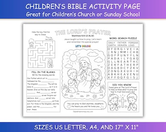 Page d'activité biblique imprimable sur le Notre Père, fiche d'exercices pour l'école du dimanche, leçon pour enfants, étude biblique à domicile, Matthieu 6:9-13