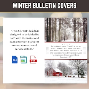Könnte beinhalten: Winterliche Bulletin-Cover mit einer verschneiten Wald- und einer roten Scheunen-Szene. Das Design ist 21,6 cm x 27,9 cm groß und wird in der Mitte gefaltet. Enthält Text aus Psalm 9:1-2 KJV und Dateityp-Symbole für DOC, JPG und PDF.