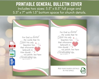 Church Bulletin Cover Art John 3:16 KJV Verse For God So Loved the World, Green & Pink Design 8.5x11 Bi-Fold Printable Digital Download