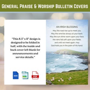 May include: A bulletin cover design with the text "General Praise & Worship Bulletin Covers." The design is 8.5" x 11" and includes an Irish Blessing poem and file type icons for DOC, JPG, and PDF formats.