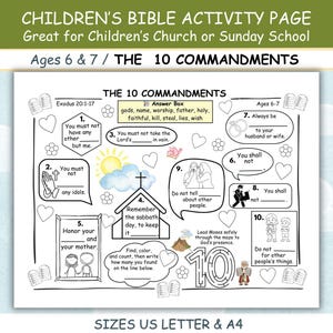 May include: Children's Bible activity sheet for ages 6 & 7, featuring the Ten Commandments. Includes fill-in-the-blank prompts, illustrations, and a maze. Suitable for Sunday school or church.