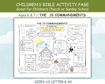 The 10 Commandments Bible Activity Page or Place-mat Sunday School Home School, Children’s Church, Lesson Supplement Ages 6+, Multiple Sizes