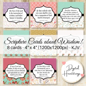 Puede incluir: Un conjunto de ocho tarjetas de Escritura de 10x10 cm sobre la sabiduría, con varios fondos florales y estampados. Cada tarjeta muestra un versículo bíblico en un marco decorativo, con el texto "Scripture Cards about Wisdom!" en el centro.