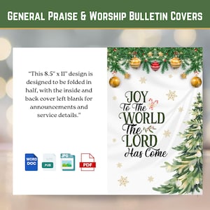 Plantilla imprimible para portada de programa o boletín de Navidad de la iglesia, plegable, Gozo para el mundo, el Señor ha llegado, tamaño de tarjeta de felicitación JPG de 5 x 7 pulgadas