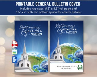 Patriotic or General Church Bulletin Art Cover, Bible Verse Proverbs 14:34 Righteousness Exalts a Nation, Digital Download 8.5x11 Bi-Fold