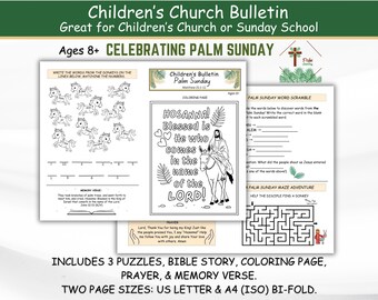 May include: Children's Church Bulletin for Palm Sunday, featuring puzzles, a Bible story, coloring pages, and a memory verse. Includes a maze, word scramble, and a coloring page with the text "HOSANNA! Blessed is He who comes in the name of the LORD!" Ages 8+.