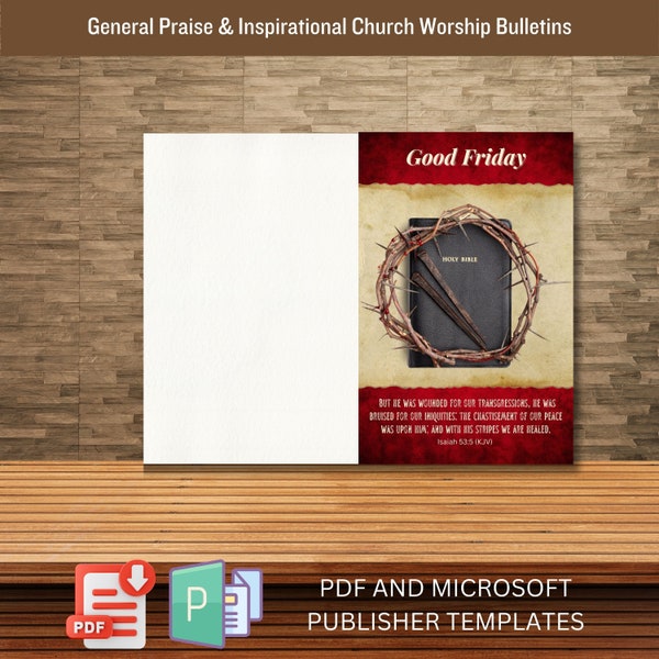 Good Friday Church Bulletin Cover and Template for Events and Worship, Isaiah 53:5 Crown of Thorns & Nails On Bible Clipart Church Supplies