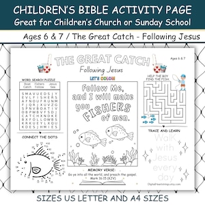 Może przedstawiać: Czarno-biała strona z aktywnościami biblijnymi dla dzieci z tekstem "CHILDREN'S BIBLE ACTIVITY PAGE" i "The Great Catch - Following Jesus". Zawiera wyszukiwanie słów, łączenie kropek i labirynty. Odpowiednie dla dzieci w wieku 6 i 7 lat.