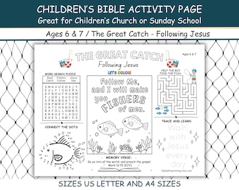 Following Jesus, Fishers of Men Bible Activity Page, Sunday School Home School Children’s Church Lesson Supplement, US Letter & A4