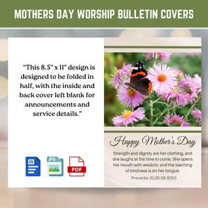 Puede incluir: Diseño de portada de boletín de adoración del Día de la Madre. La portada presenta una mariposa sobre flores rosas, con el texto "Happy Mother's Day". El diseño mide 21,6 cm x 27,9 cm y está diseñado para doblarse por la mitad. Incluye iconos de archivos JPG, PDF y Word.