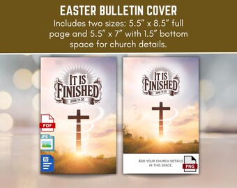 Easter Resurrection Day Sunday It is Finished Bulletin Cover John 19:30, Glowing Cross at Sunrise, Printable Digital Download 8.5x11 Bi-Fold