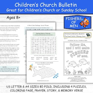 Boletín de la Iglesia Cristiana para Niños, Pescadores de Hombres, Actividad Bíblica para Niños de la Escuela Dominical, Imprimible, PDF Díptico, Carta de EE. UU. y A4