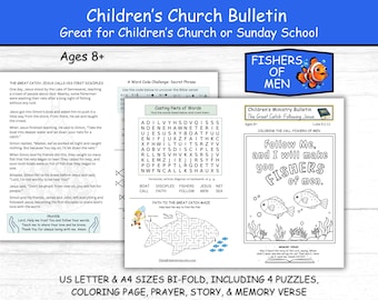 Christian Children's Church Bulletin, Fishers of Men Bible Activity for Kids Sunday School Printable, Bi-fold PDF & US Letter and A4 Ages