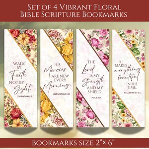 4 marcadores florales coloridos del versículo bíblico cristiano, regalo para amantes de los libros, descarga instantánea imprimible, 4 JPG de 300 ppp, tamaño de carta de EE. UU. y PDF EUA4