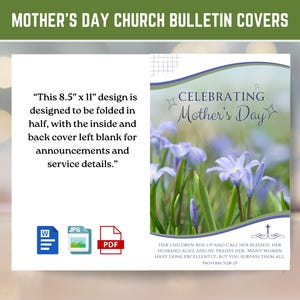 May include: Mother's Day church bulletin cover design. The cover features the text "Celebrating Mother's Day" with a floral background. The design is 8.5" x 11" and is designed to be folded in half. Includes JPG, PDF, and Word file icons.