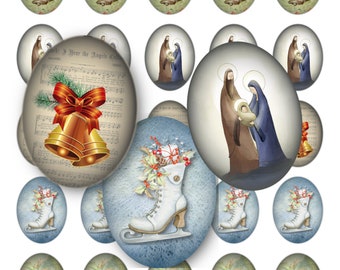 Beautiful Vintage Christmas Digital Collage Sheet, 30x40mm Oval Images, Instant Printable Download with Paper Sizes 8.5x11, 4x6, & A4